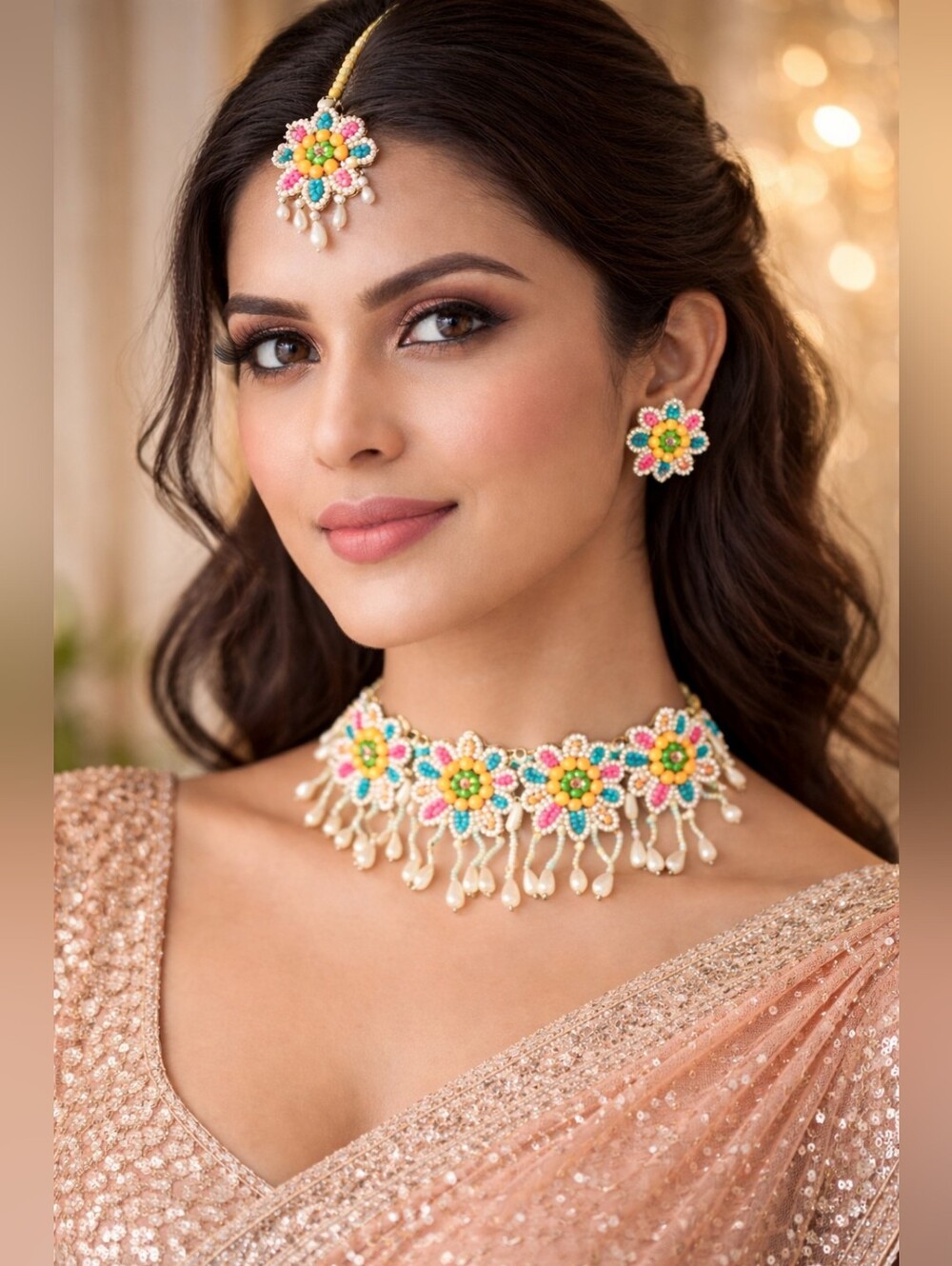 Beaded  Choker Necklace Set with Stud Earrings & Maang Tikka